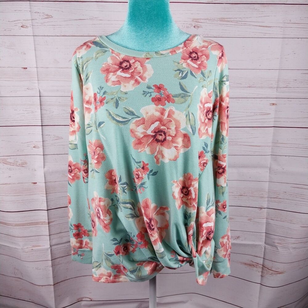 Gorilla Cat Womens Size Medium Blue Pink Floral Knit Top Sweatshirt Long Sleeve